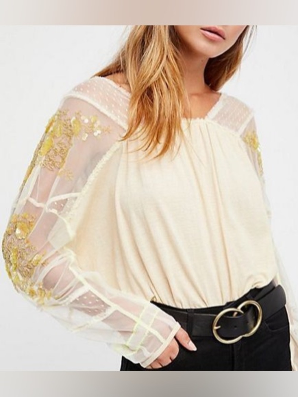 Free People Cream Sheer Embroidered Sleeve Blouse